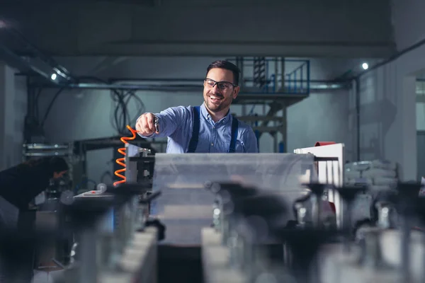 Modern Industrial Machine Operator Working Factory Worker Machine — Stock Photo, Image