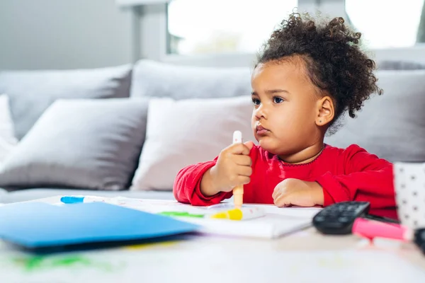 African American Little Girl Drawing Colored Pencils — 스톡 사진