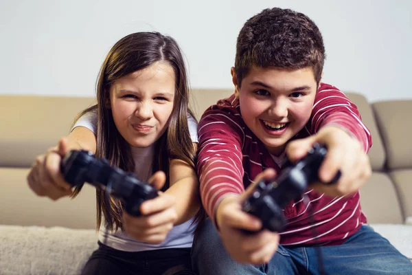 Happy Children Playing Computer Games Home — Stockfoto