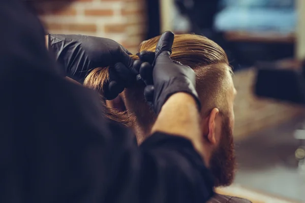 Creating New Hair Look Young Bearded Man Getting Haircut Hairdresser — Stok fotoğraf