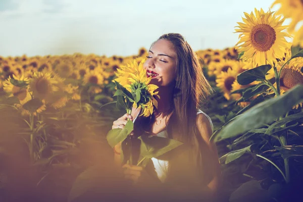 Genç Kız Ayçiçeği Tarlasında Doğanın Tadını Çıkarıyor Ayçiçekli Güzel Kızın — Stok fotoğraf