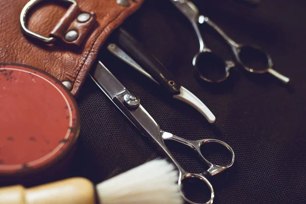 Barber Shop Equipment Black Background Professional Hairdressing Tools — Stock Photo, Image