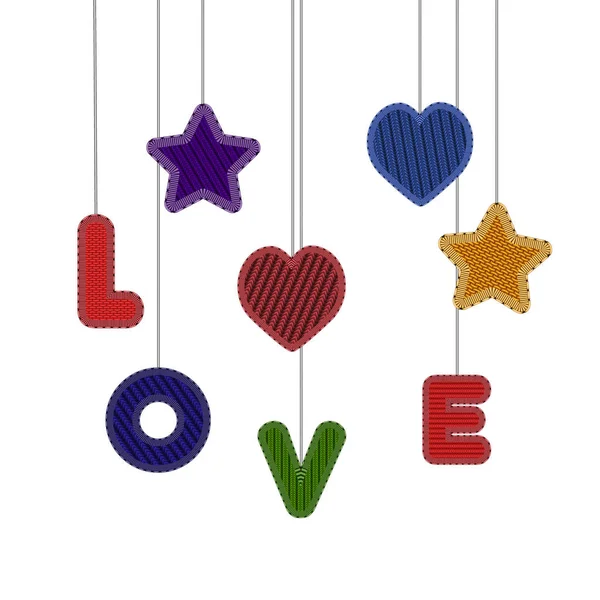 Le mot "amour", cœurs et étoiles le jour de la Saint-Valentin — Image vectorielle