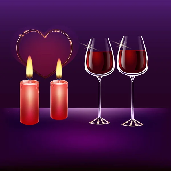 Płonących świec, serca i kieliszków wina — Wektor stockowy