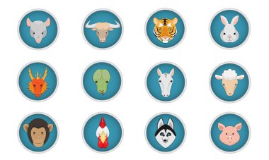 Doğu burçları için ikonlar: sıçan, boğa, kaplan, tavşan, ejderha, yılan, at, koyun, maymun, horoz, köpek, domuz