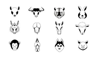 Doğu burçları için ikonlar: sıçan, boğa, kaplan, tavşan, ejderha, yılan, at, koyun, maymun, horoz, köpek, domuz