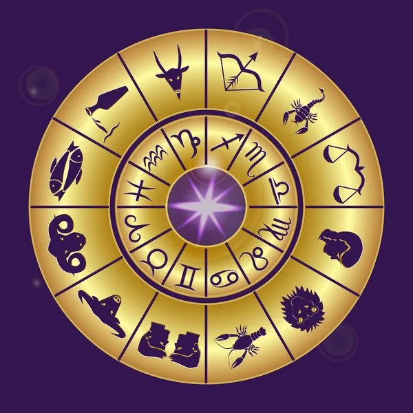 Zodiac Circle Horoscope Gold Dark Purple Background — Stock Vector