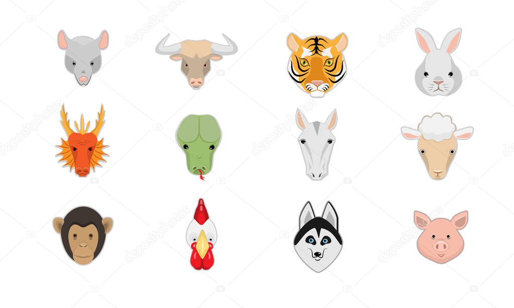 Set of icons for the eastern horoscope: rat, bull, tiger, rabbit, dragon, snake, horse, sheep, monkey, rooster, dog, pig