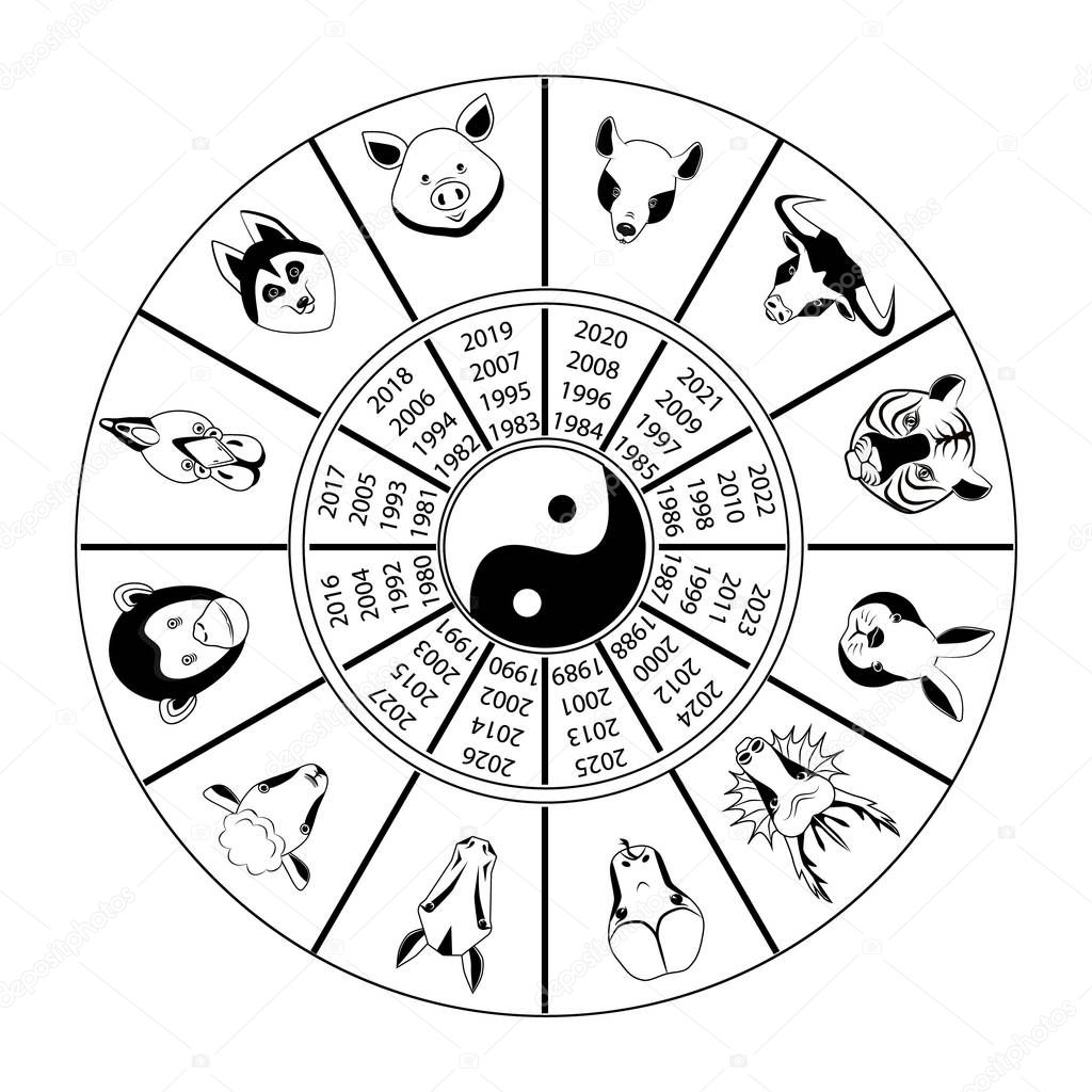 Circle with animals of the oriental horoscope, animals by years. Set of icons for the eastern horoscope: rat, bull, tiger, rabbit, dragon, snake, horse, sheep, monkey, rooster, dog, pig.