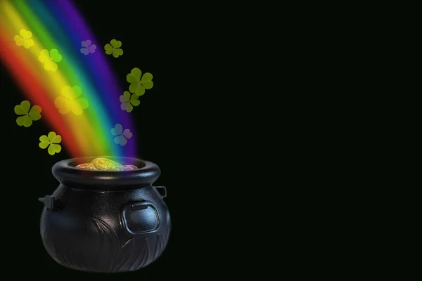 Patrick Day Cauldron Gold Rainbow Clover Leaves Black Background Place — Stock Photo, Image