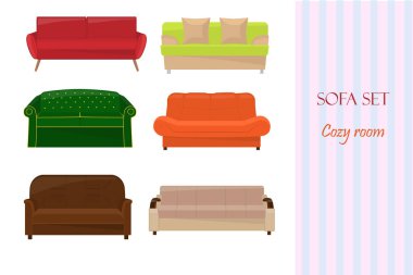 Farklı şekillerde bir kanepe seti, ev dekorasyonu. Konforlu ev sembolü, vektör çizimi