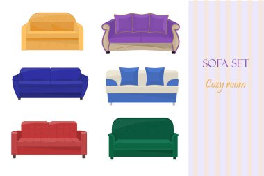 A set of sofas of different configurations, home decoration. Cozy house symbol, vector illustration clipart