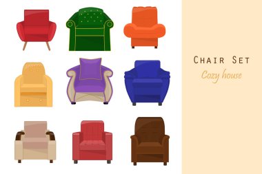 A set of chairs of different configurations, home decoration. Cozy house symbol, vector illustration. Big set of house furniture. clipart