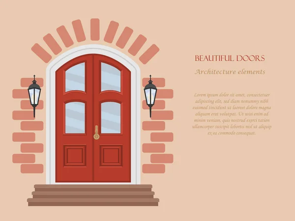 Gyönyörű ajtó, homlokzat. Az építészet egyik eleme. Vektoros illusztráció szöveges hellyel. — Stock Vector