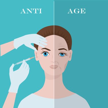 Yaşlanma karşıtı tedaviler. Güzel bir kadının yüzü ikiye ayrılır: genç ve yaşlı. Güzellik iğneleri. Vektör illüstrasyonu