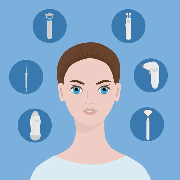 Anti-aging treatments. The face of a beautiful woman and icons with a choice of procedures for facial rejuvenation. Vector illustration — 스톡 벡터