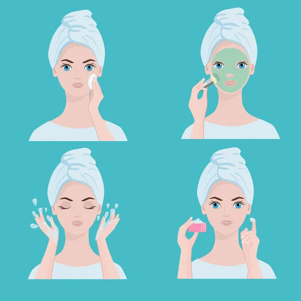 Facial treatments. Woman caring for face skin - set of vector illustrations — Stock Vector