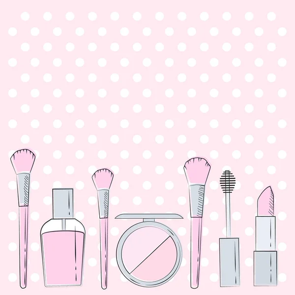 Cosmetica, make-up items in roze en zilveren kleuren. — Stockvector