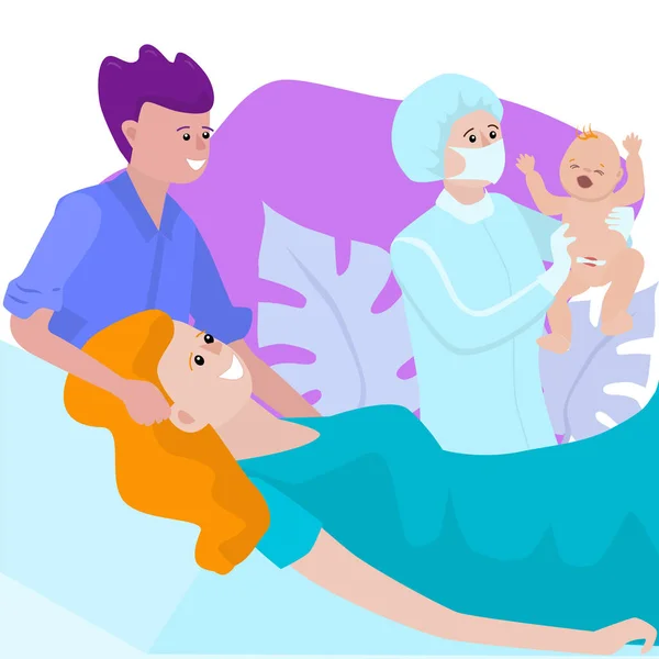 The husband is present at the birth of his wife. The midwife is holding a newborn baby in her arms. Vector illustration in flat style.