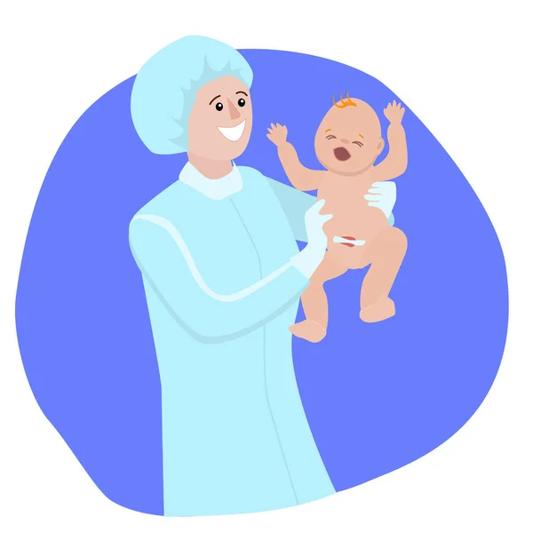 The midwife is holding a newborn baby in her arms. Vector illustration in flat style. — 스톡 벡터