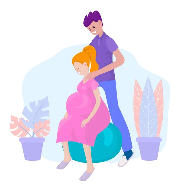 A man is doing massage to his pregnant wife, who is sitting on a fitball. The topic of childbirth with her husband. Vector illustration in flat style. — 스톡 벡터