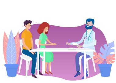 Kadın ve erkek, doktordaki evli çift. Aile planlama sorunları, çocuk doğumu.