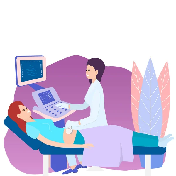 Женщина лежит на диване, врач осматривает ее с помощью ультразвукового аппарата — стоковый вектор