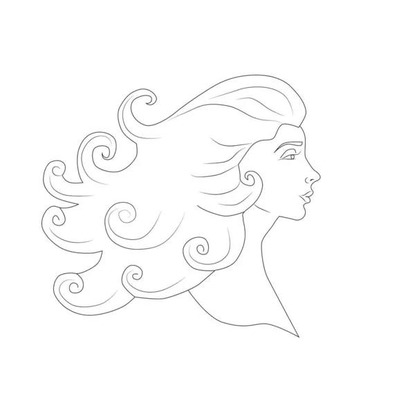Profil pięknej kobiety z latającymi włosami, rysunek konturu. Koncepcja kobiecej urody, projekt na Dzień Kobiet. — Wektor stockowy