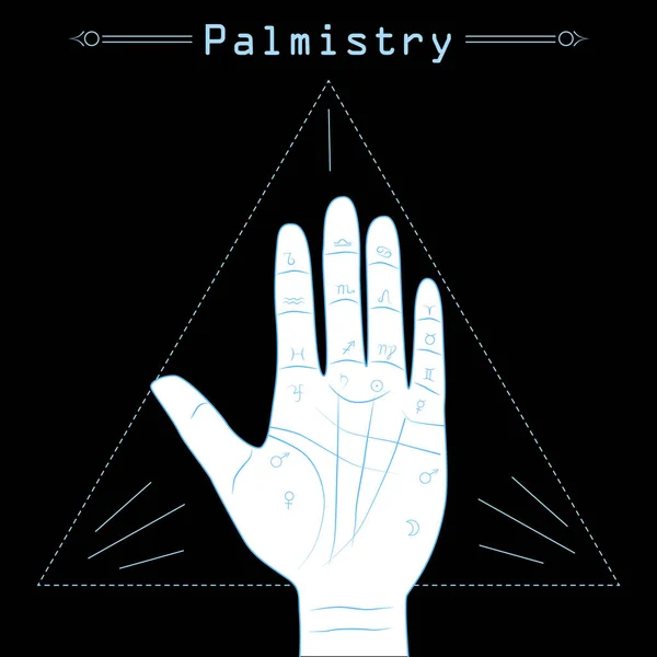 Hand on a black background with lines and signs of fate on it. Palmistry, esotericism. — 스톡 벡터