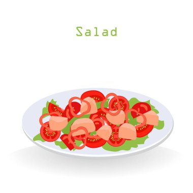 Güzel sebze salatası ve beyaz tabakta balık. Düzgün beslenme. Beyaz arka planda izole edin. Vektör illüstrasyonu.