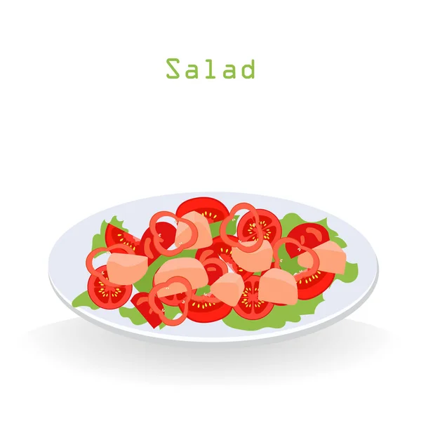 Όμορφη σαλάτα λαχανικών και ψαριών σε λευκό πιάτο. Σωστή διατροφή. Απομονωθείτε σε λευκό φόντο. Εικονογράφηση διανύσματος. — Διανυσματικό Αρχείο