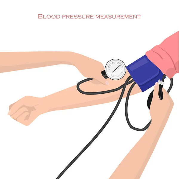 Blood pressure cuff on arm over the brachial pulse attached to automated sphygmomanometer and details of cuff dimensions — 스톡 벡터