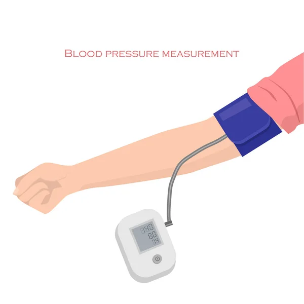 Bloeddrukmanchet op arm over de brachiale puls bevestigd aan geautomatiseerde sfygmomanometer — Stockvector