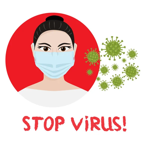 Asiatische Frau in medizinischer Maske. Bilder von Viren, die Inschrift Stop-Virus. ein Konzept zur Ausbreitung des Virus aus China. — Stockvektor