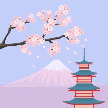 Çiçekli sakura, pagoda ve Fuji Dağı Japonya 'nın sembolleridir. Doğuya git. Vektör illüstrasyonu