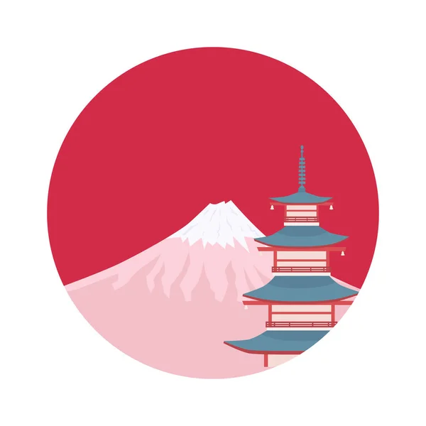 Fuji hegy és egy pagoda egy piros körben - szimbólumok Japánban. Utazás Ázsiába. Vektorillusztráció — Stock Vector