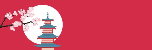 Rama de sakura floreciente y pagoda, bandera horizontal sobre un fondo rojo. Viajar a Japón. Ilustración vectorial — Vector de stock