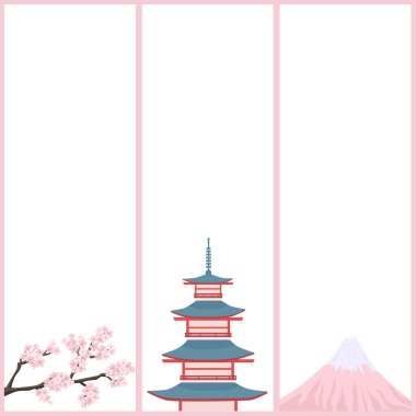 Bir dal çiçek açan sakura, Fuji Dağı ve bir pagoda, dikey pankartlar. Japonya 'ya seyahat.