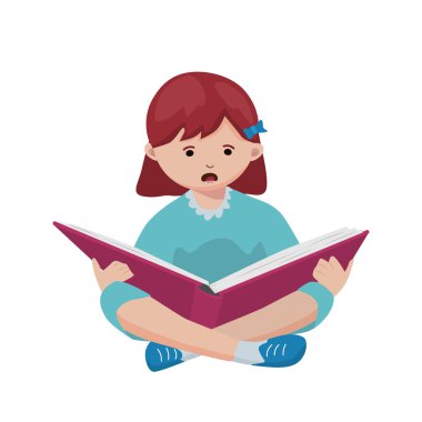 Bir kız parlak bir çocuk kitabı okuyor. Çocuk kitapları günü, okuma dersleri..