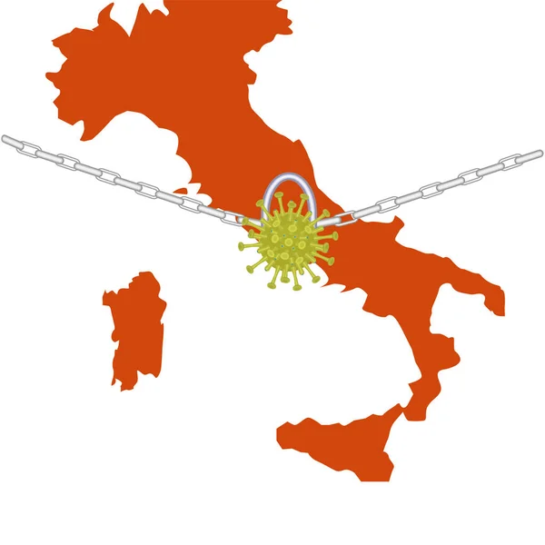 Italië Kaart Silhouet Virus Lock Chain Concept Van Een Virusepidemie — Stockvector