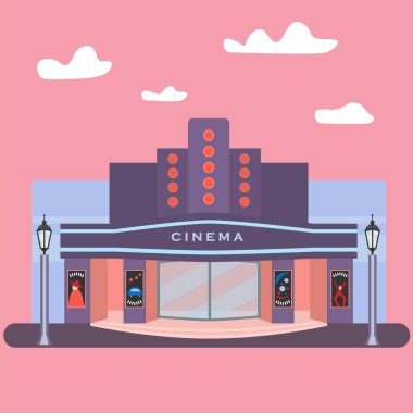 Modern bir sinema binası. Kamu alanlarının mimarisi, vektör illüstrasyonu