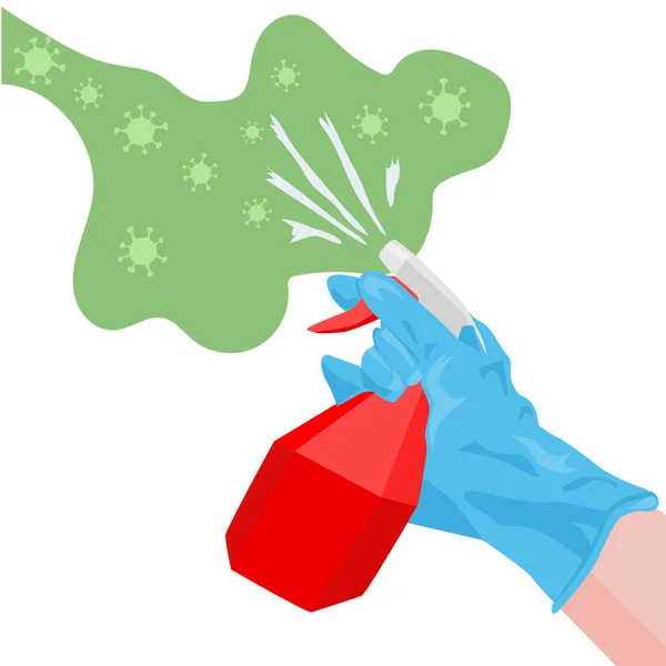 流行中の消毒 ゴム手袋の手は消毒剤とボトルを保持し 製品をウイルスに噴霧します ベクターイラスト — ストックベクタ