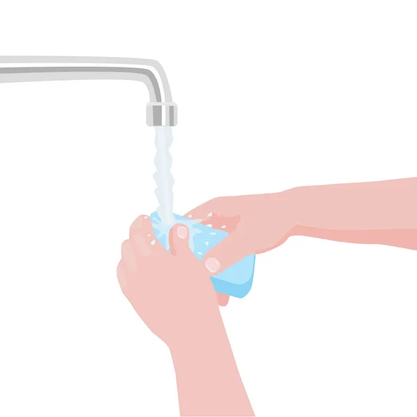 用肥皂在手上 用自来水水龙头洗手 病毒传播期间的预防措施 病媒说明 — 图库矢量图片