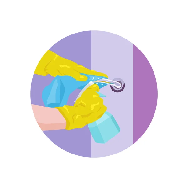 Hand Rubber Glove Rubs Door Handle Disinfection Home Epidemic Virus — Stock Vector