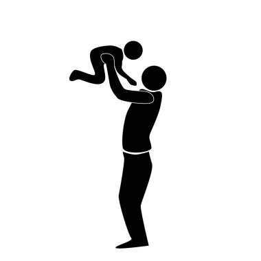 Siluet baba ve çocuk. Bir adam ayağa kalkar ve çocuğu kollarında büyütür, vektör çizimi..