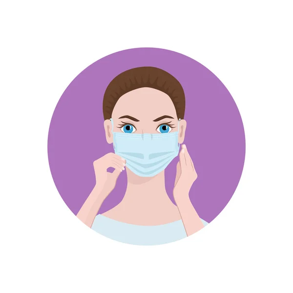 Bir Kadın Tıbbi Maske Takıyor Virüs Salgını Sırasındaki Koruyucu Önlemlere — Stok Vektör