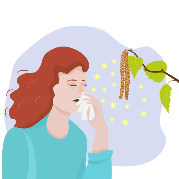 Woman Sneezing Reaction Pollen Seasonal Allergies Polynosis Vector Illustration — Stock Vector