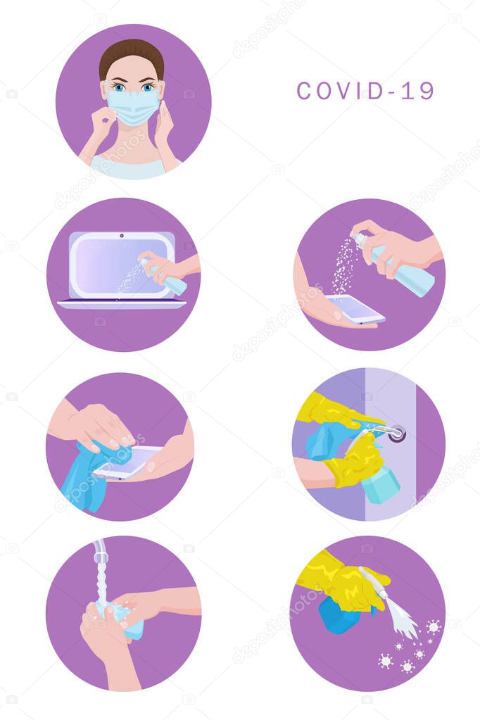 Cons on the theme of behavior during the virus outbreak. Disinfection and precautions. Vector illustration
