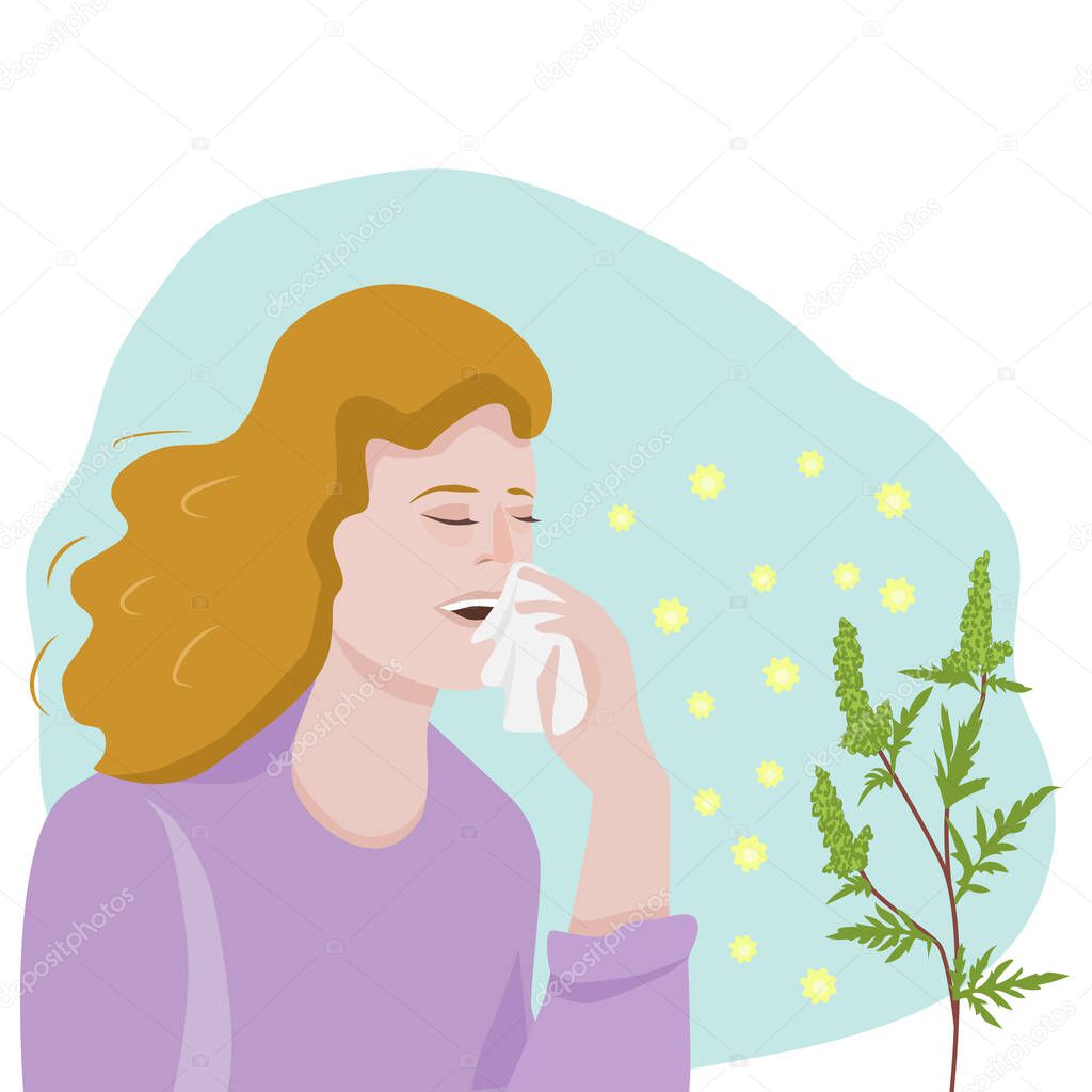 The woman is sneezing. Reaction to pollen of flowering herbs, seasonal allergies, polynosis. Vector illustration, illustration