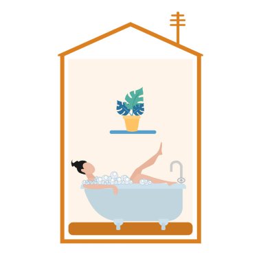 Bir kadın banyoda uzanıyor, evdeki köpük banyosunda rahatlıyor, evin siluetinde. Kavram: Kendini izole etmek ve karantinaya almak. Vektör